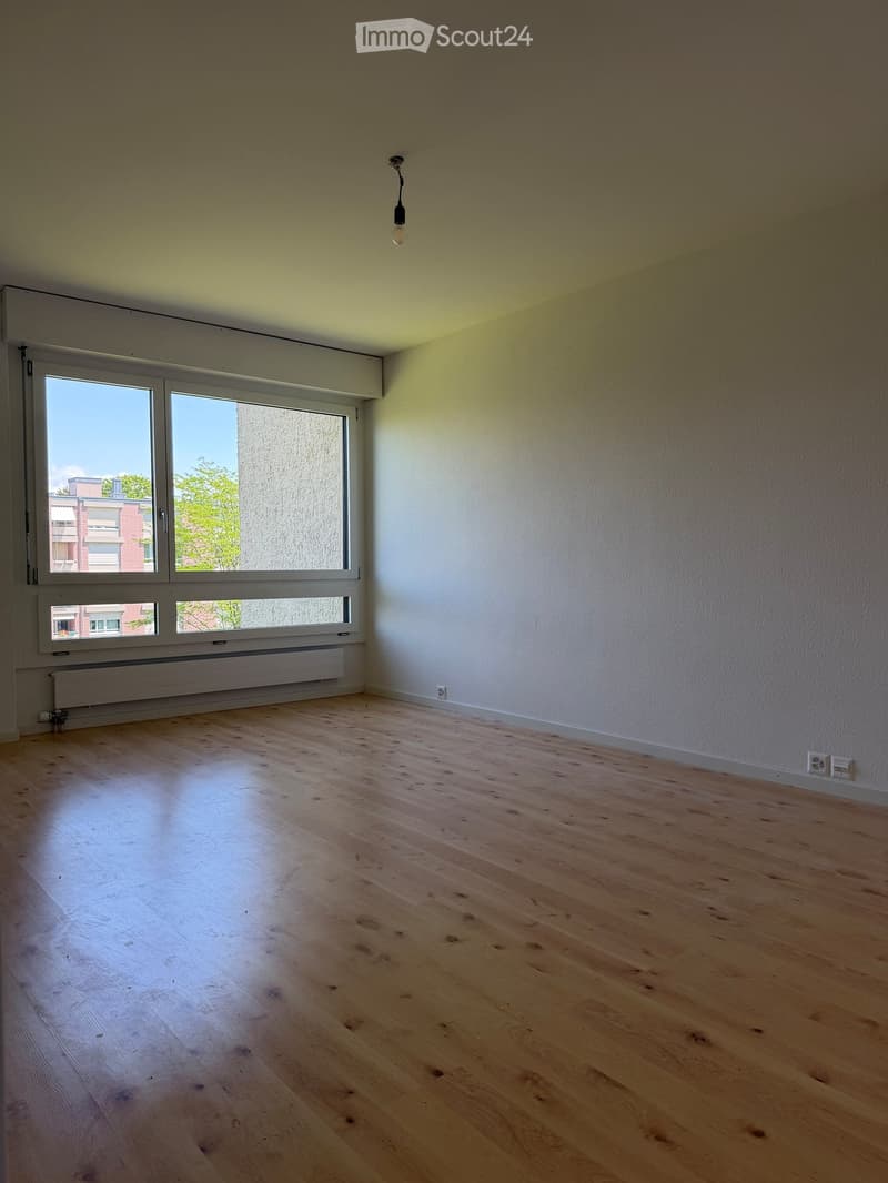 Empty room with wooden flooring, white walls, large window with view of buildings and trees, radiator, and a single hanging light fixture.