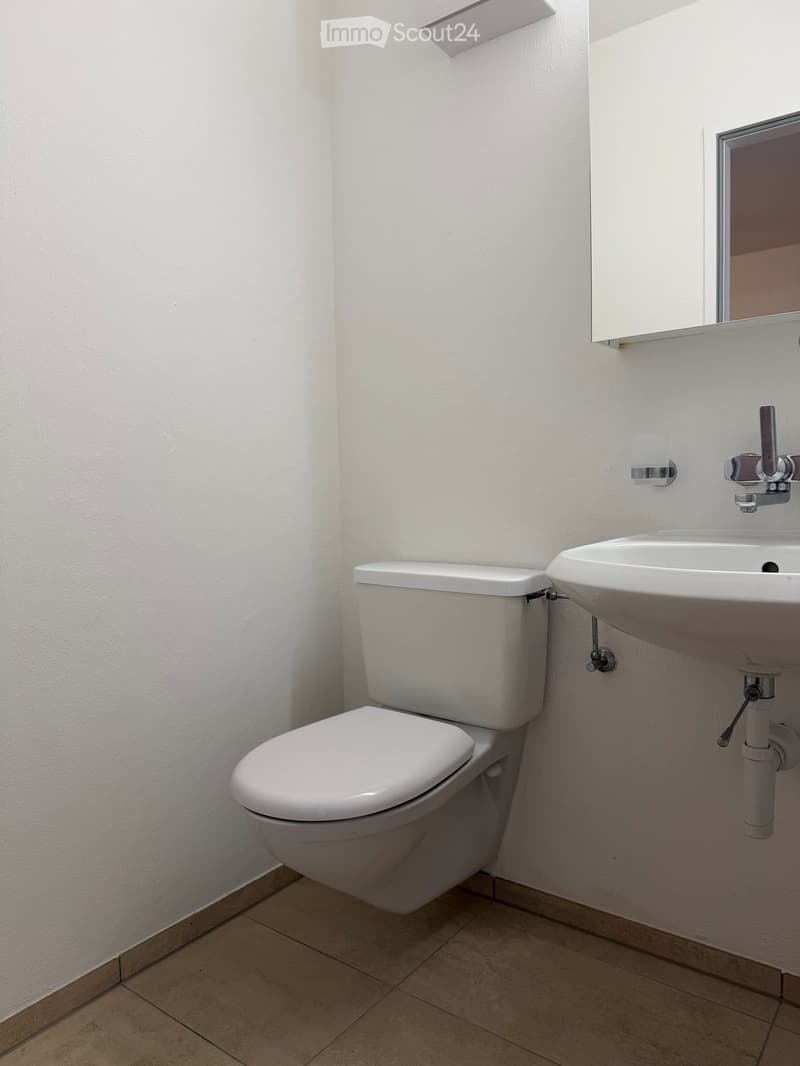 A small bathroom with a white toilet and a sink, both mounted on tiled walls. The floor is tiled, and the walls are painted white.