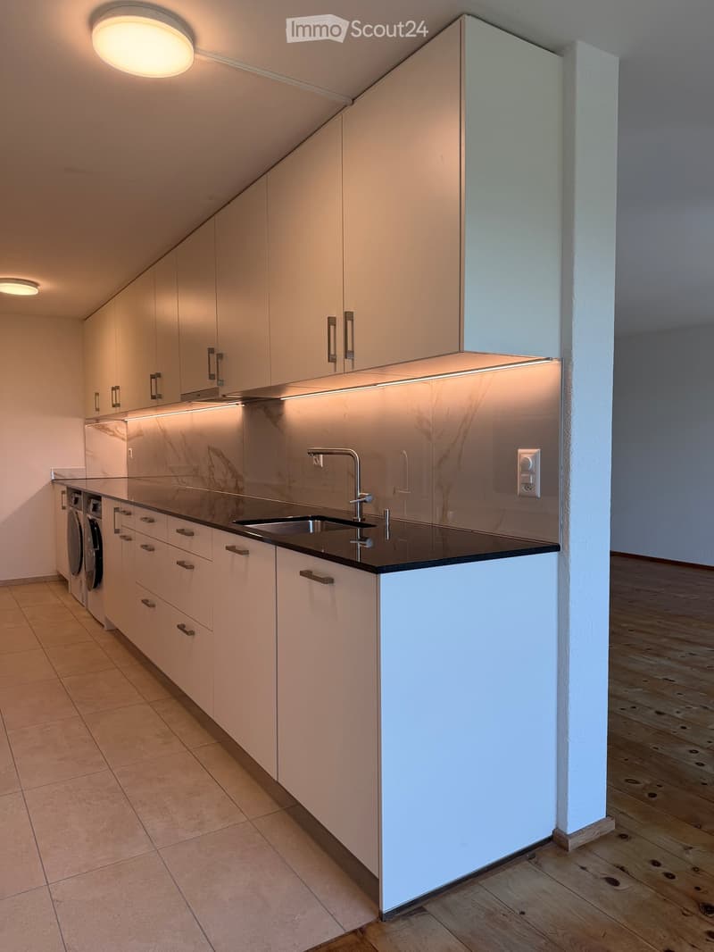 Modern kitchen with light-colored cabinets, a black countertop, a stainless steel sink, and a washing machine. The space features recessed lighting and a sleek design.
