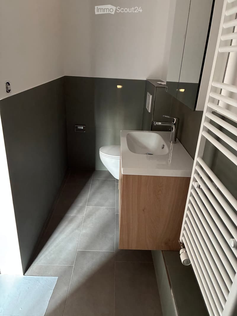 Modern bathroom with dark grey tiles, a white sink with a chrome faucet, a toilet, and a white radiator on the wall.
