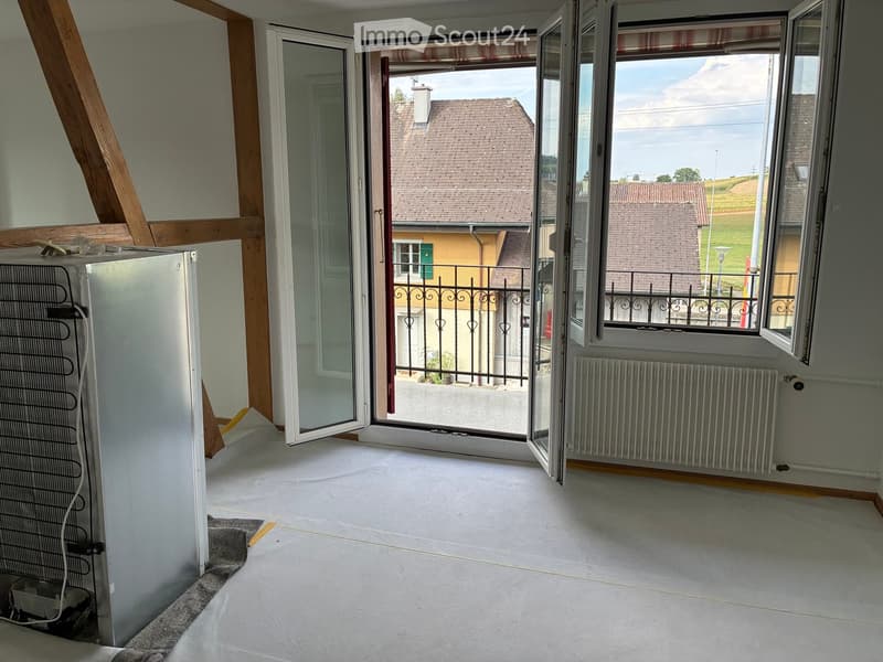 Empty room with large windows and a balcony view, featuring a radiator and an air conditioning unit.