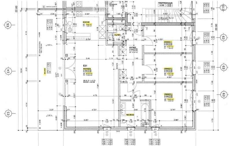 Floor plan of a 2-story apartment with labeled rooms including kitchen, living room, bedrooms, and bathrooms. Includes dimensions, stairwell, and balcony.
