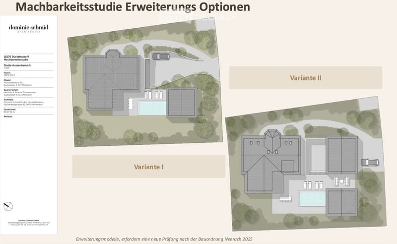 Architectural floor plan showing two expansion options for a building, labeled Variante I and Variante II, with detailed layouts and surrounding greenery.