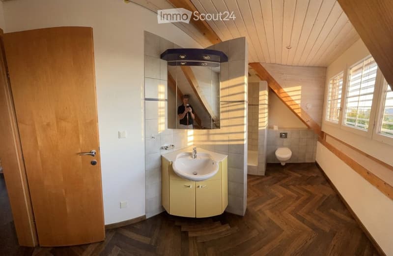 Bright bathroom with wooden herringbone flooring, white tiled walls, a single sink with a modern faucet, a large mirror, and a toilet. The room features exposed wooden beams on the ceiling and a wooden door.