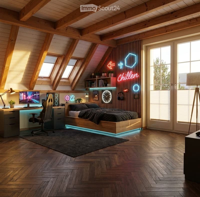Modern bedroom with wooden beams, slanted ceiling, and skylights. Features a bed with dark bedding, a desk with a computer and chair, and decorative neon signs on the wall.