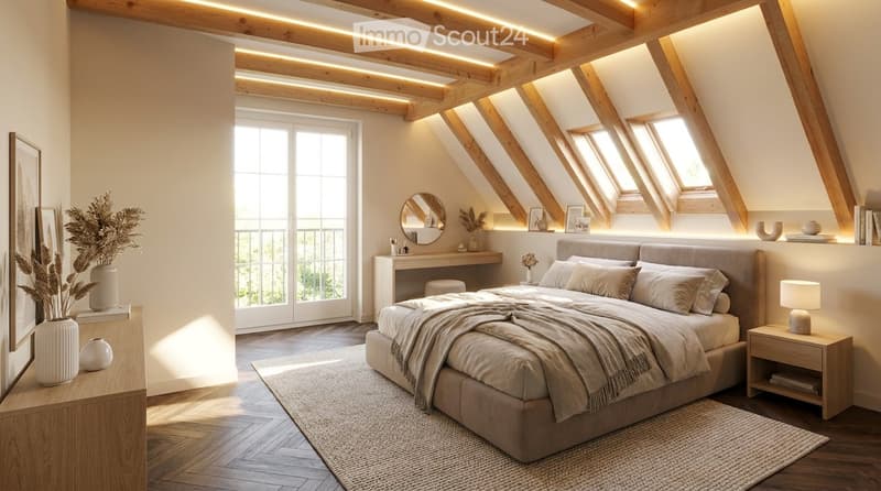 Modern attic bedroom with wooden beams, skylights, and large windows. Features a bed with pillows and blankets, nightstand with lamp, desk with mirror, and decorative vases.
