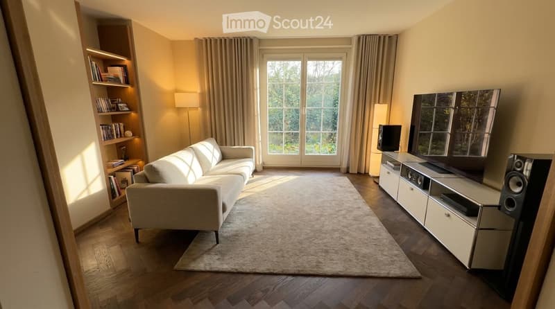 Modern living room with a light-colored sofa, a coffee table, a bookshelf, large windows with curtains, and a television with speakers.