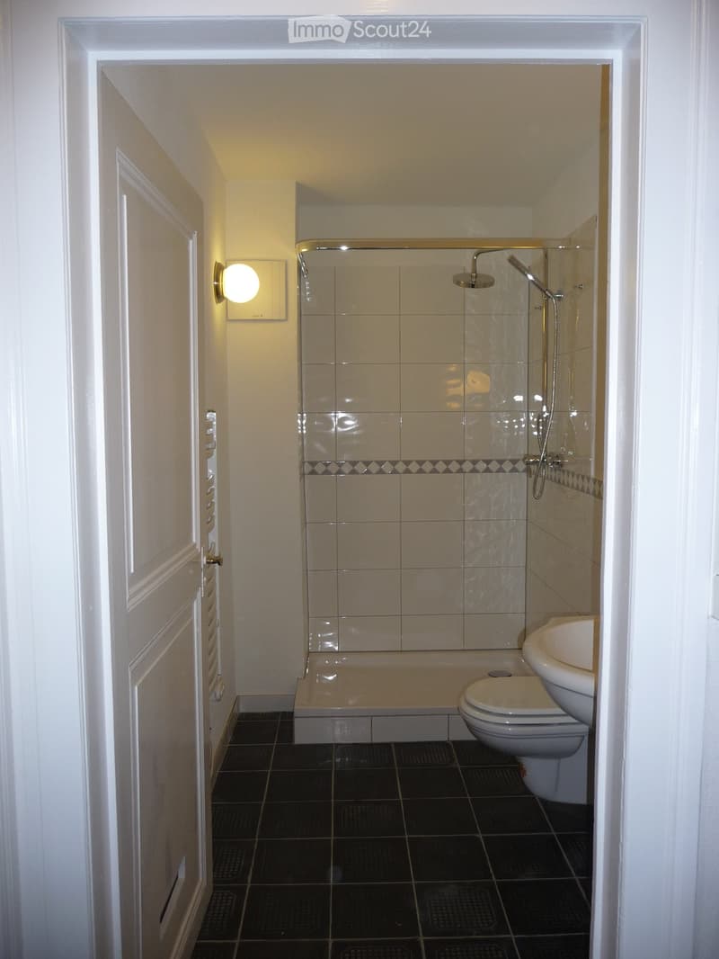 Modern bathroom with dark tiled floor, white walls, bathtub, toilet, sink, and a glass-enclosed shower area with a handheld showerhead.