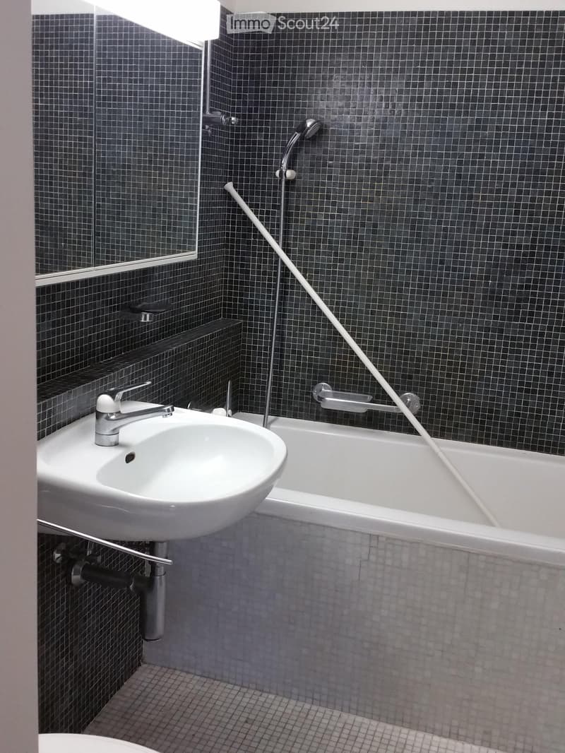 Modern bathroom with dark tiled walls, a white sink with a chrome faucet, a bathtub with a handheld shower, and a large mirror above the sink.