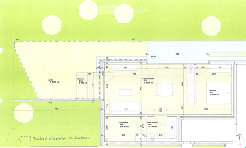 Floor plan of a house with living room, kitchen, bedroom, bathroom, and terrace.