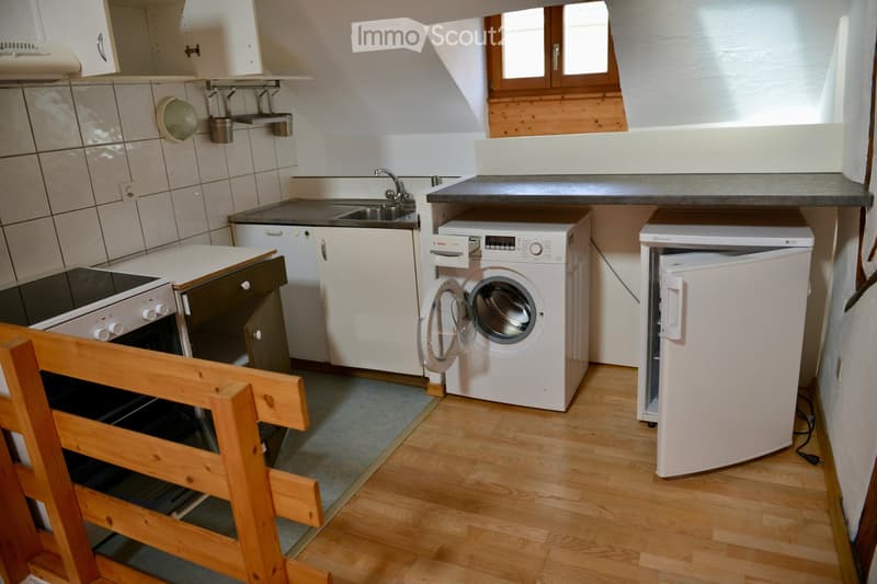 small kitchen, dishwasher, washing machine, oven, sink, counter, wooden floor, tiled wall