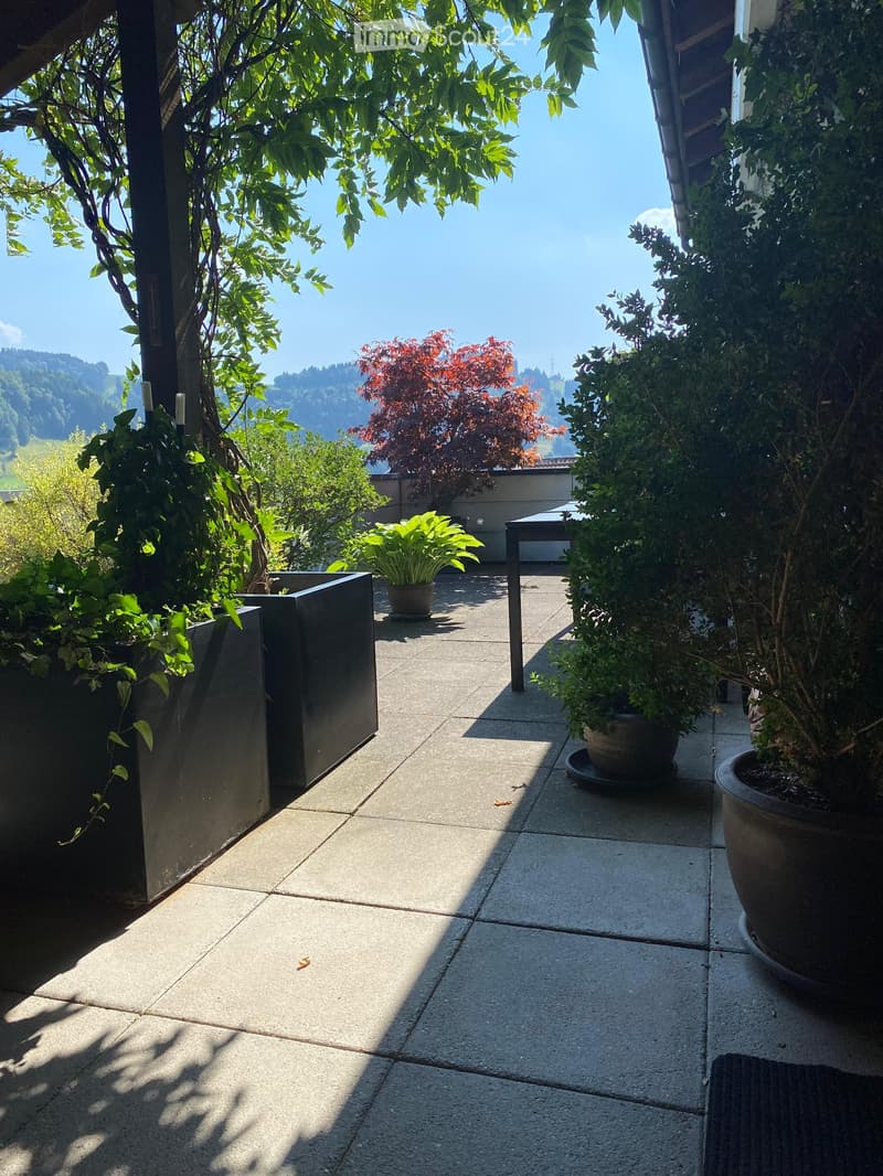 A serene outdoor patio with a tiled floor, potted plants, and a small table, overlooking a scenic valley with trees and mountains in the background.