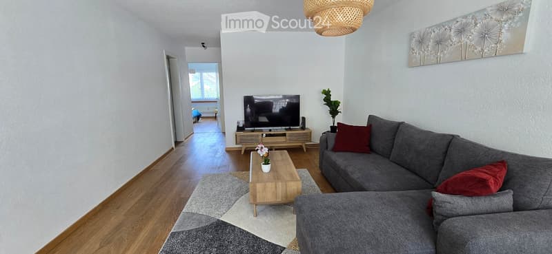 Modern living room with grey sectional sofa, wooden coffee table, flat-screen TV on a wooden stand, and a decorative plant in a pot. The room features light-colored walls, wooden flooring, and a woven hanging light fixture.