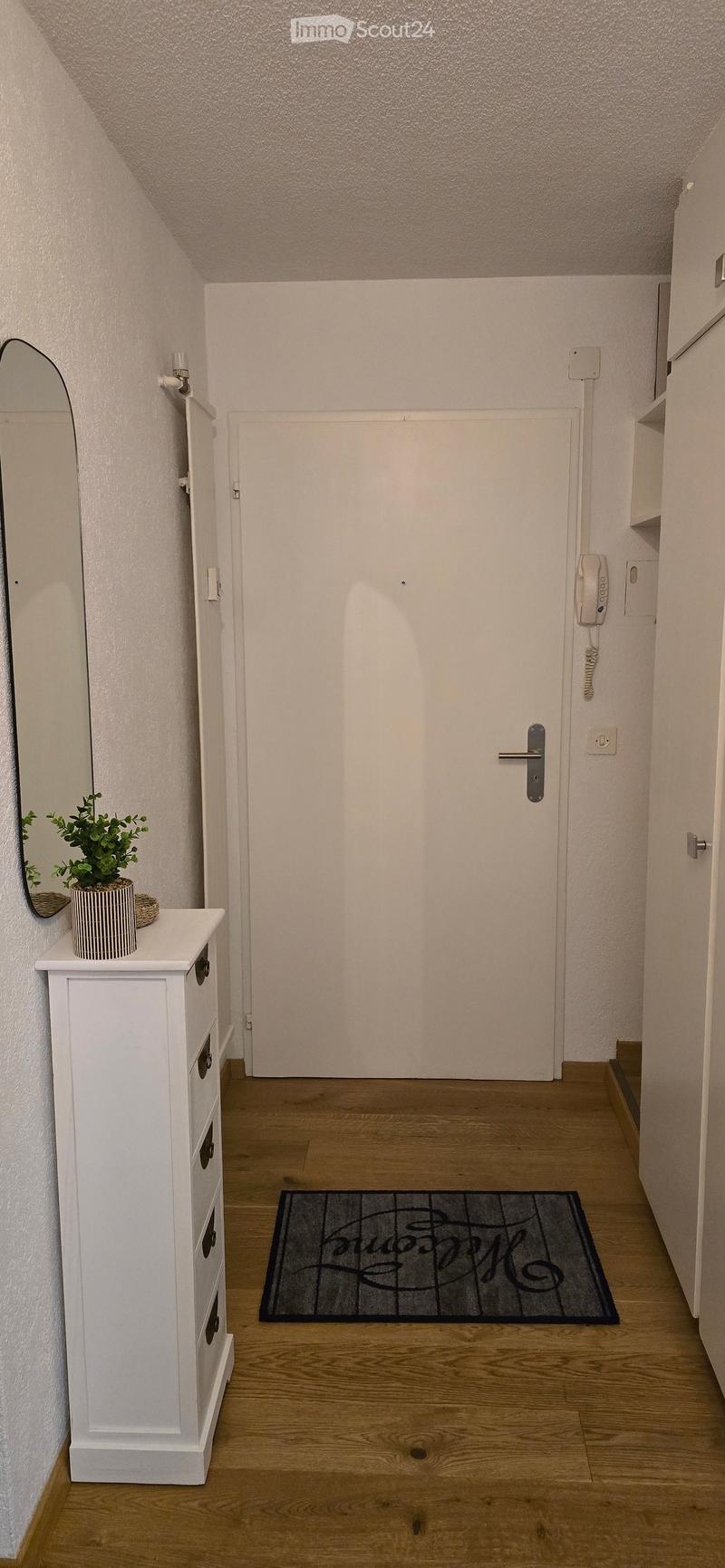 A narrow hallway with wooden flooring, a white door at the end, a small white cabinet with drawers on the left, a potted plant on top of the cabinet, a mirror on the wall, and a doormat with the word "Home" written on it in front of the door.