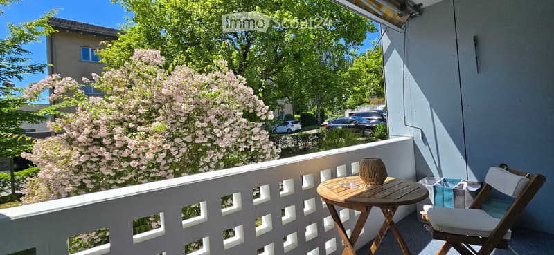 Balcony with a small wooden table, a folding chair, and a decorative vase, overlooking a garden with blooming trees and parked cars.