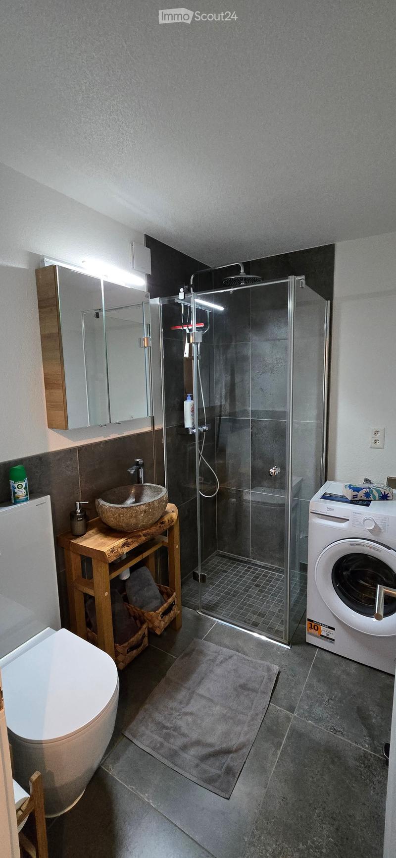 Modern bathroom with a glass-enclosed shower, a wooden sink console, a toilet, a washing machine, and a towel on the floor.
