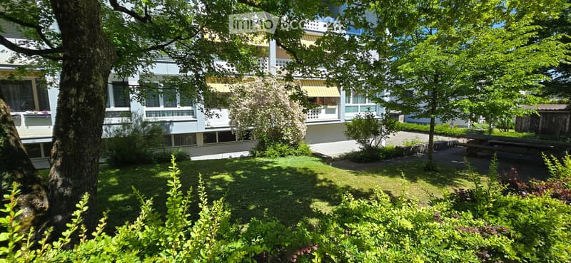 A well-maintained garden area with a modern building in the background, featuring trees, shrubs, a pathway, and a bench.