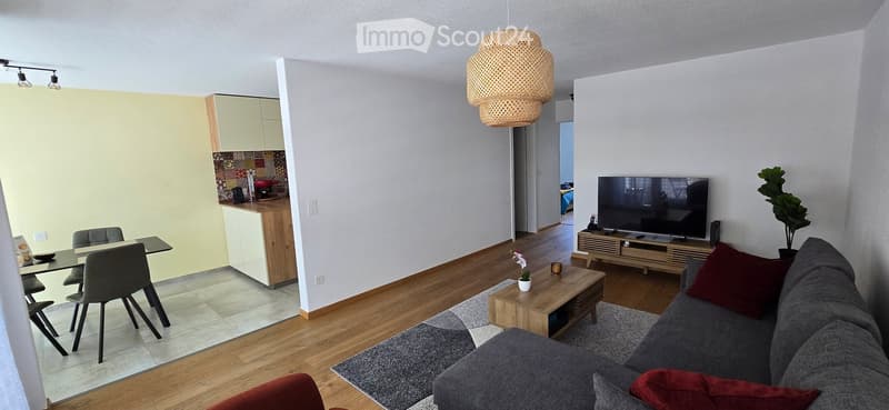 Modern living room with a grey sofa, coffee table, TV, dining area with glass table and chairs, and a small kitchen area with cabinets and a countertop.