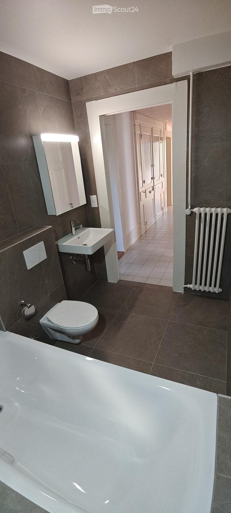 Modern bathroom with dark tiled walls and floor, featuring a bathtub, toilet, sink, mirror, and radiator. The room has a clean, contemporary design with a visible hallway in the background.