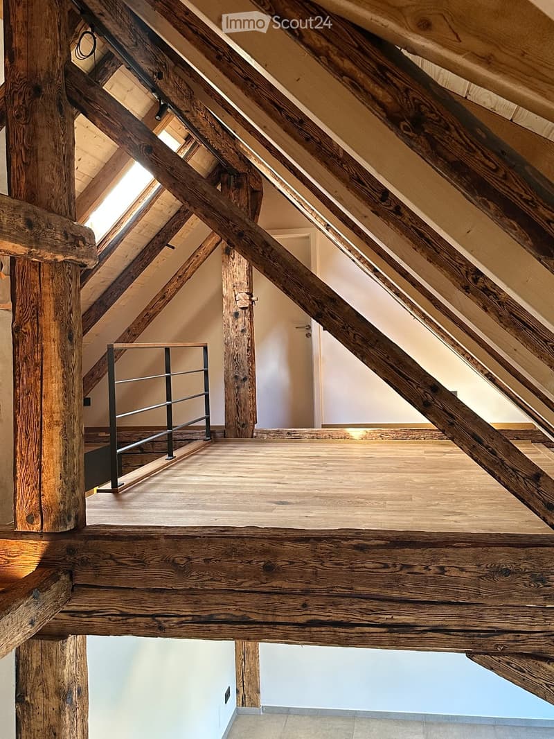 An attic space with exposed wooden beams and a modern metal railing leading to a lower level. The floor is light wood, and the walls are painted in a neutral tone. Natural light streams in from skylights.