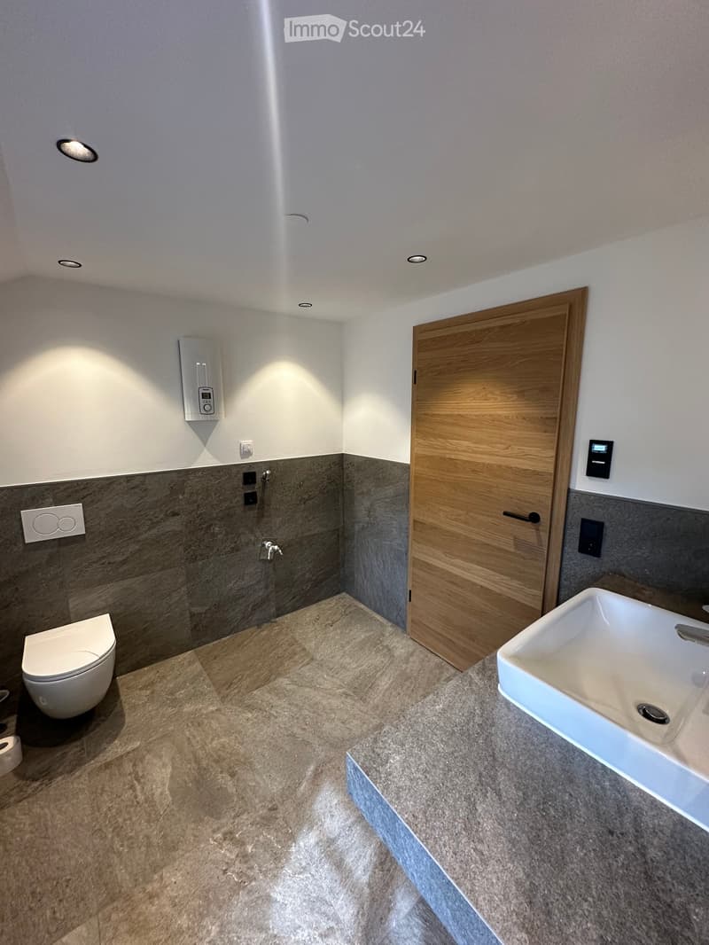 Modern bathroom with a toilet, sink, and faucet. Features include a wooden door, grey tiled walls, and recessed ceiling lighting.