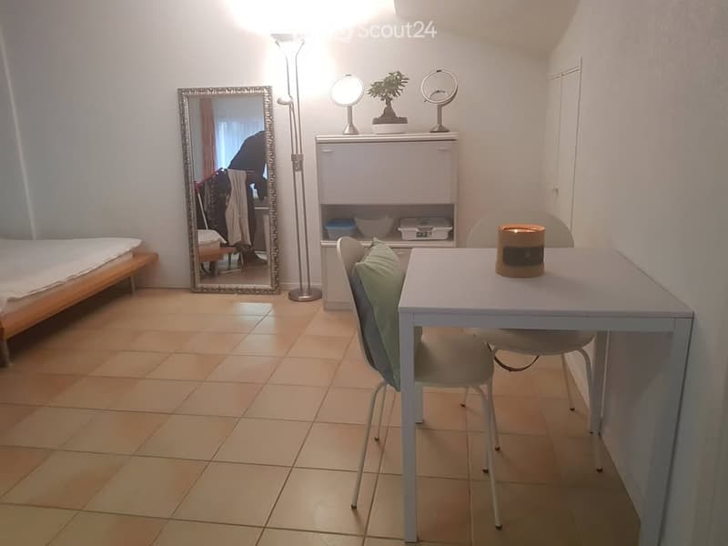 A compact, well-lit room with a bed, a small table with chairs, a mirror, a floor lamp, and a small cabinet with a plant on top.