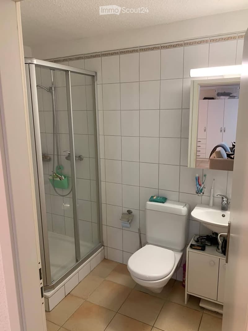 Modern bathroom with white tiles, a glass-enclosed shower, a toilet, a sink with a mirror, and a small cabinet under the sink.