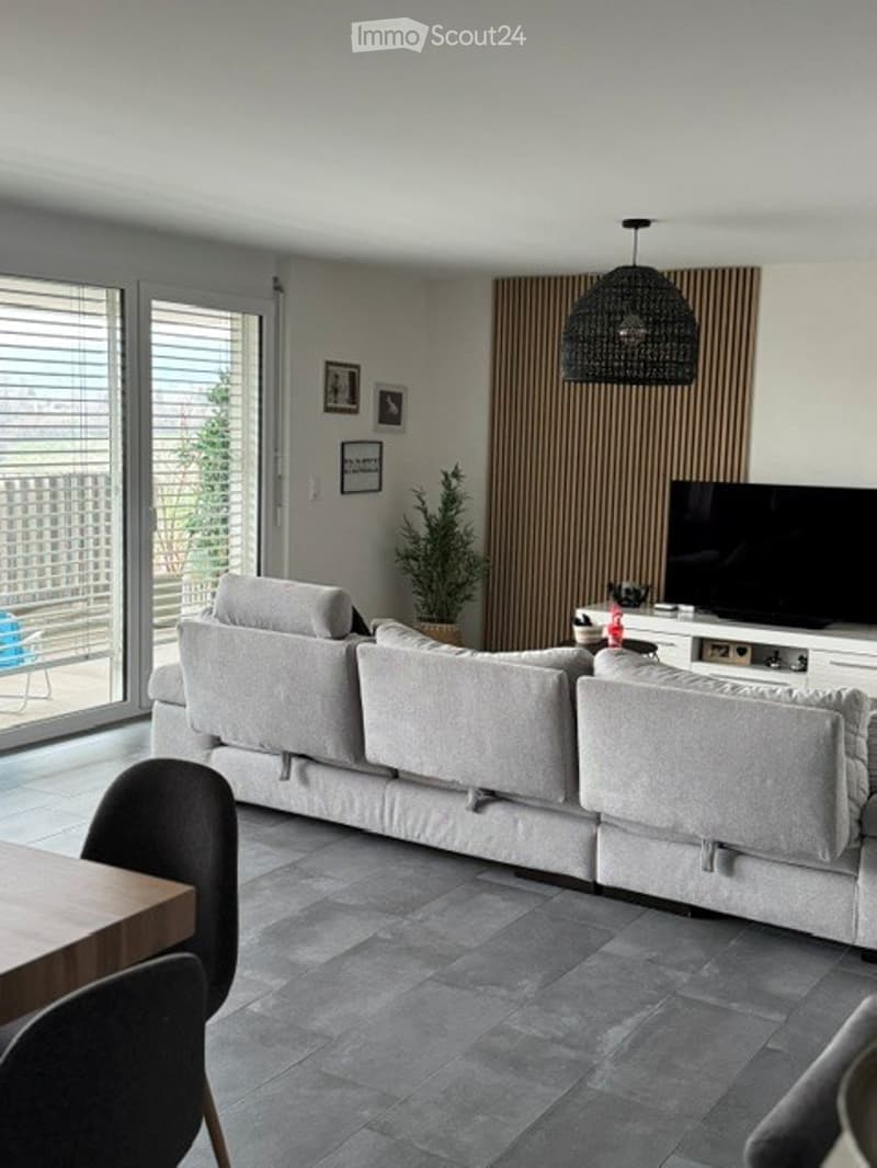 Modern living room with grey sectional sofa, coffee table, TV, and large windows leading to a balcony.