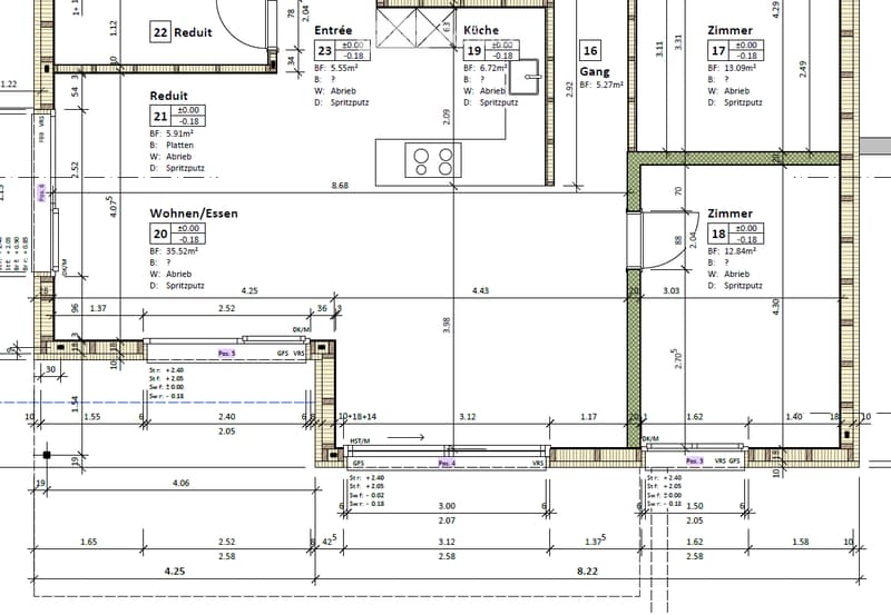 Floor plan showing a layout with multiple rooms including a kitchen, living/dining area, bedrooms, hallway, and entrance.