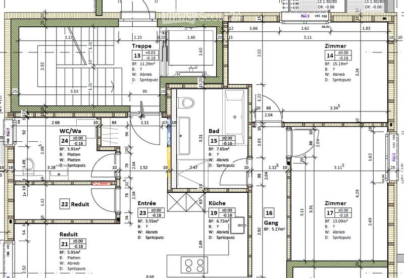 Floor plan of a residential space showing multiple rooms including a kitchen, bathroom, living room, bedrooms, hallway, and entrance.