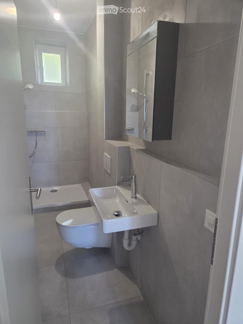Modern bathroom with a white toilet, sink, and bathtub, featuring a sleek mirror and modern fixtures.
