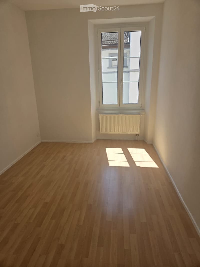 Empty hallway with wooden flooring, white walls, and a radiator beneath a window with frosted glass panels.