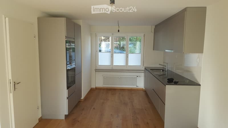 Modern kitchen with wooden flooring, white walls, grey cabinets, a sink with a faucet, an oven, and a radiator under the window.