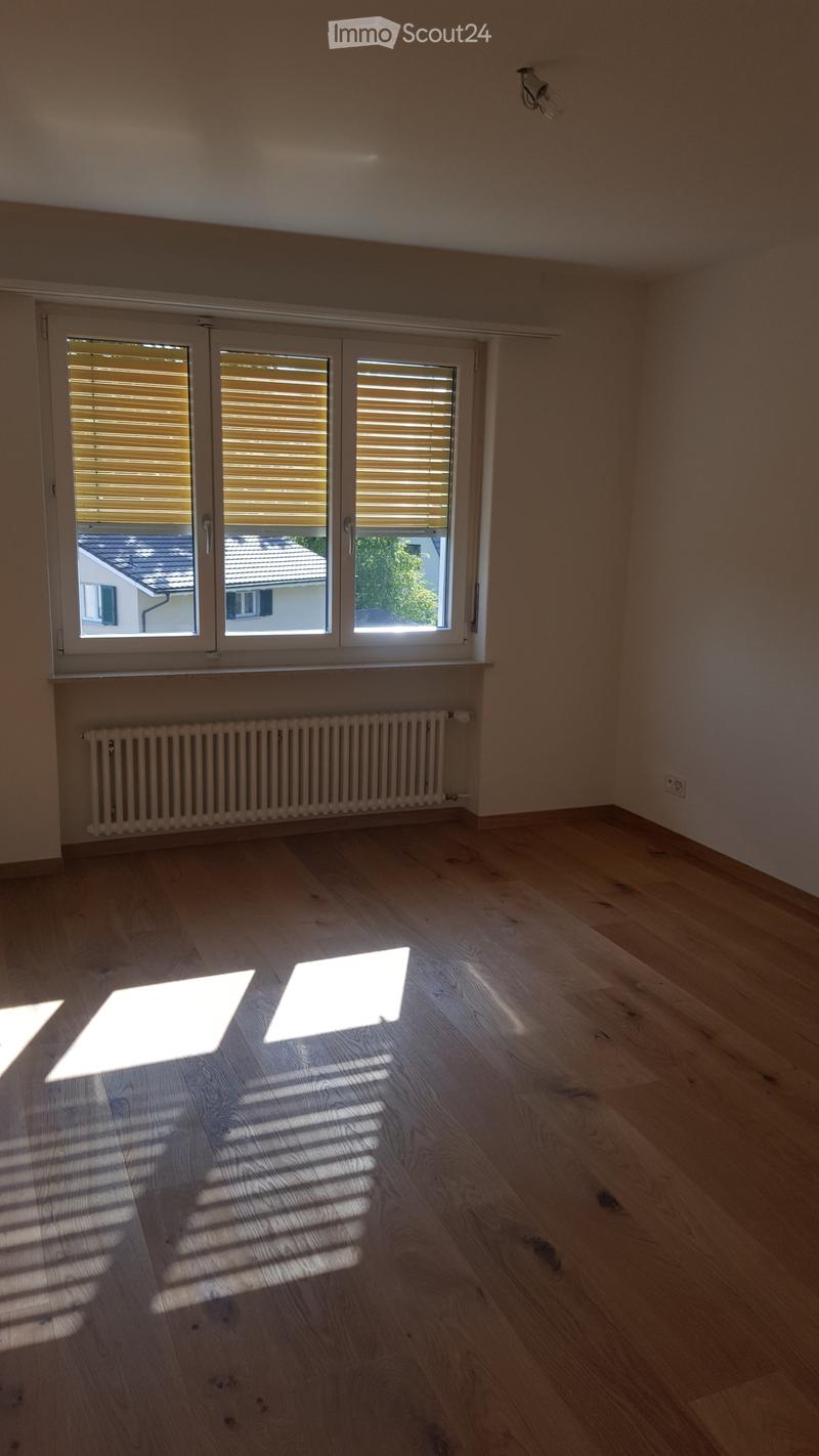 Empty room with light wooden flooring, large window with blinds, radiator, and natural light creating shadows on the floor.