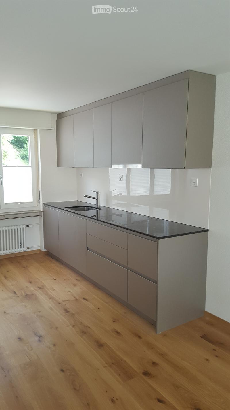 Modern kitchen with grey cabinets, a black countertop, and a stainless steel sink. The floor is made of light wooden planks, and there is a window on the left side.