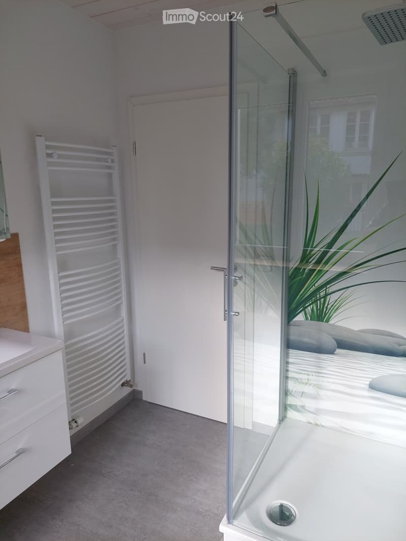 Modern bathroom with a glass shower enclosure, white towel rack, sink, and cabinet.
