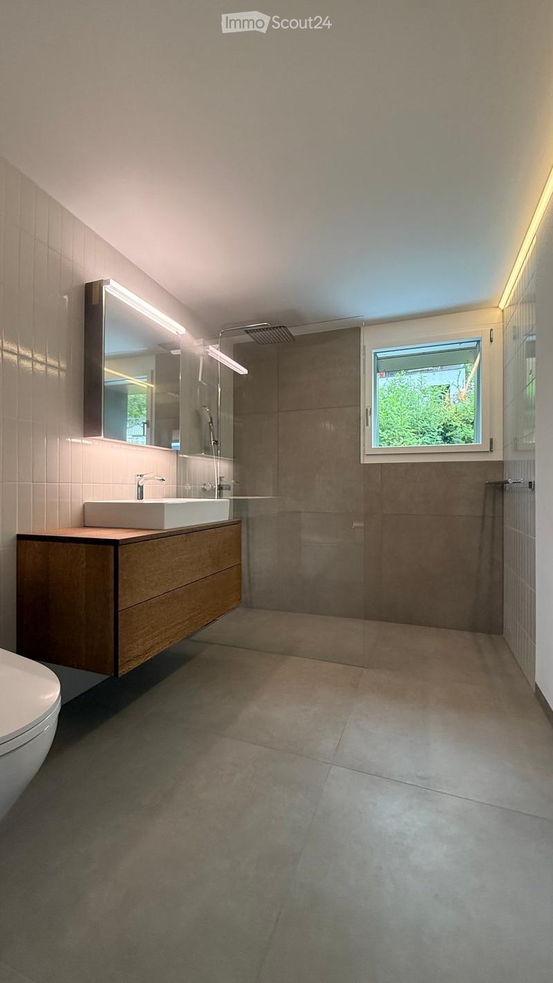 Modern bathroom with a large mirror, wooden vanity, sink, toilet, and a glass-enclosed shower area with a window showing greenery outside.