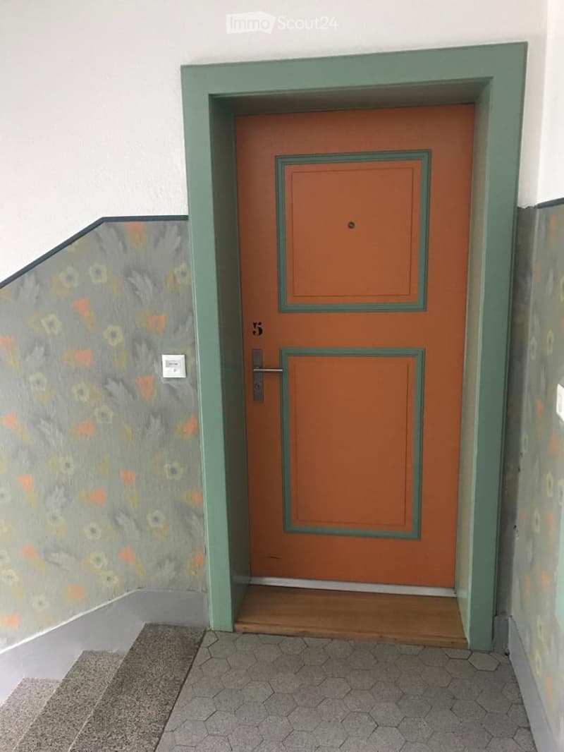 A hallway with a bright orange double door featuring a silver handle and a small black peephole. The door is framed by green trim and set against a wall with floral wallpaper. The floor is tiled with a mix of gray and beige hexagonal tiles, and a small wo