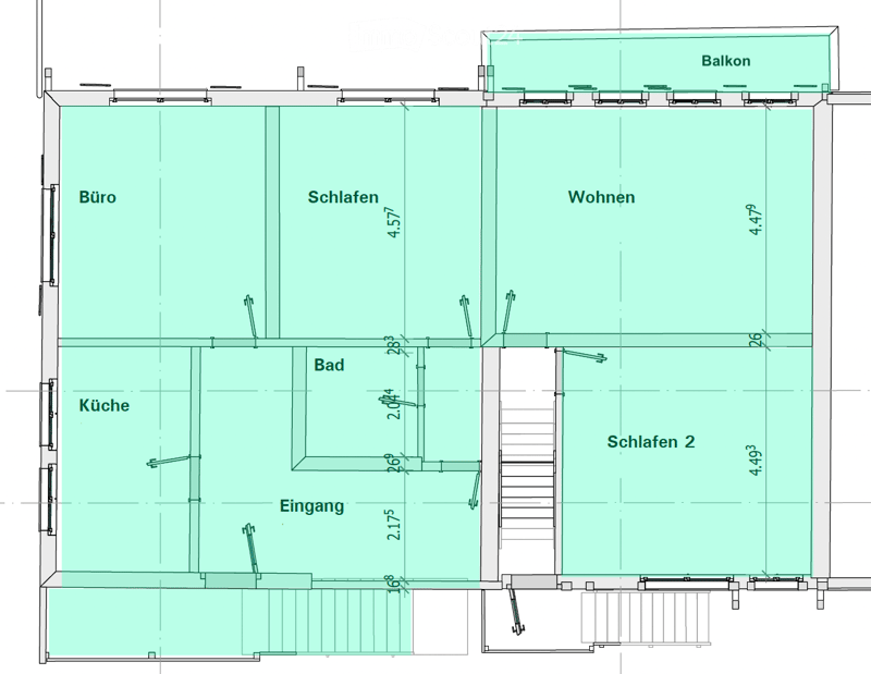 Floor plan showing a kitchen, bathroom, two bedrooms, living area, office, entrance, and balcony.