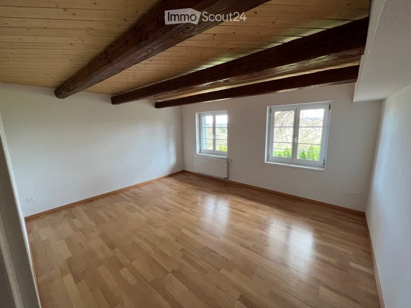 empty room, wooden floor, white walls, wooden ceiling, two windows, radiator