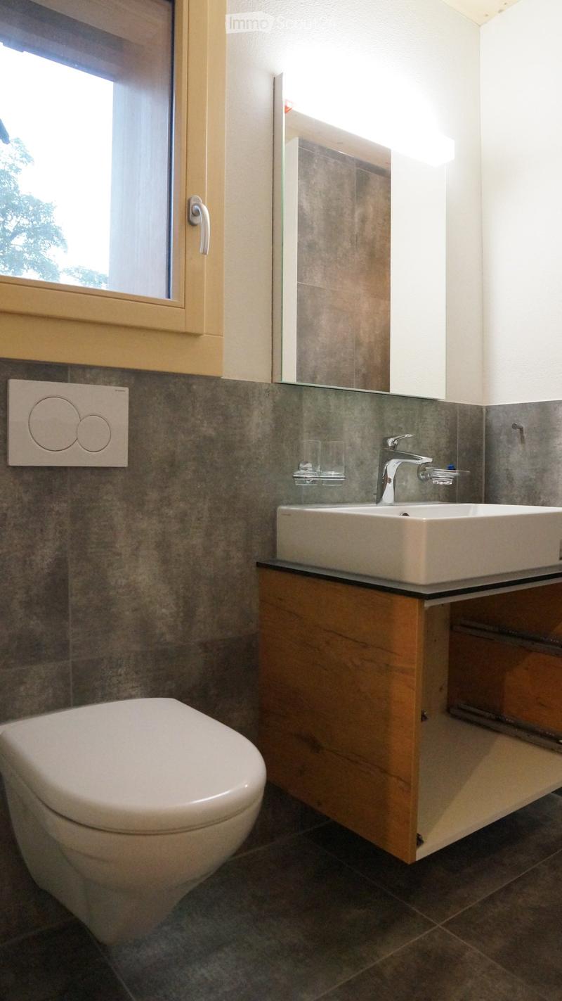 Bathroom with white toilet, white sink, wooden cabinet, mirror, and gray tiles