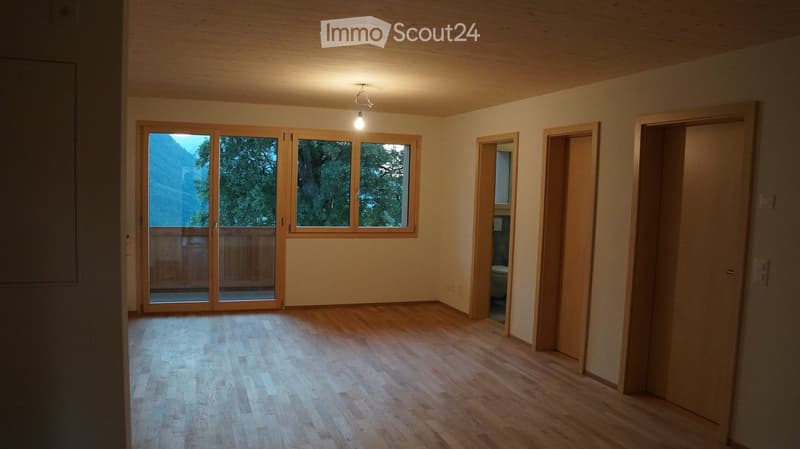empty room, wooden floor, sliding glass doors, balcony, large windows, mountain view