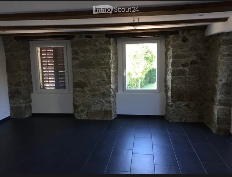 Empty room with stone walls, dark tiled floor, and two windows with shutters. No furniture or equipment present.
