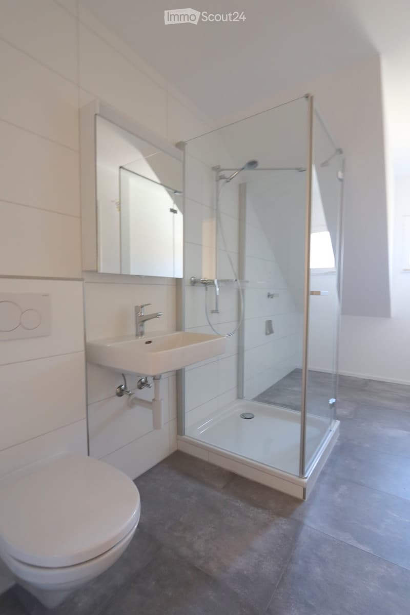 Modern bathroom with a toilet, sink, glass-enclosed shower, and a mirror above the sink.