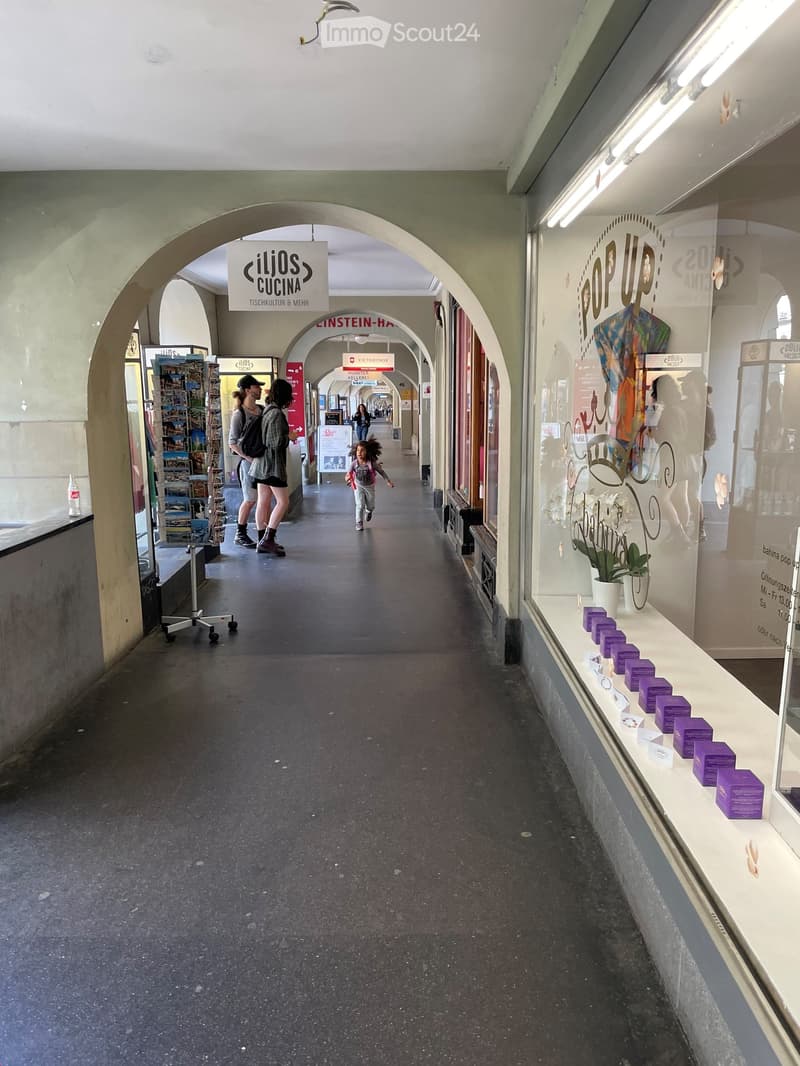 A long corridor with arched ceilings, shops on both sides, people walking, a child running, a potted plant in a shop window, a signboard, and a bottle on the counter.