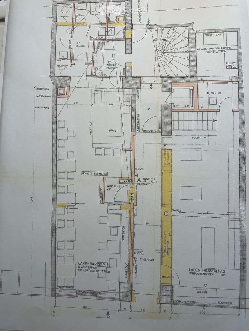 Floor plan with multiple rooms, including a cafe-bar, a kitchen, a buffet, and a terrace.