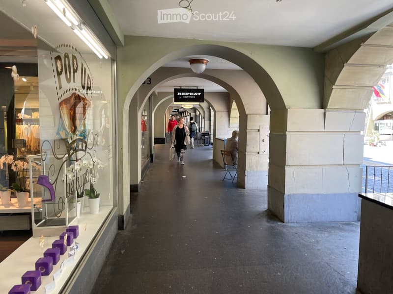 Arched passageway with shops on either side, people walking, arched ceiling, white walls, black sign, potted plants in window