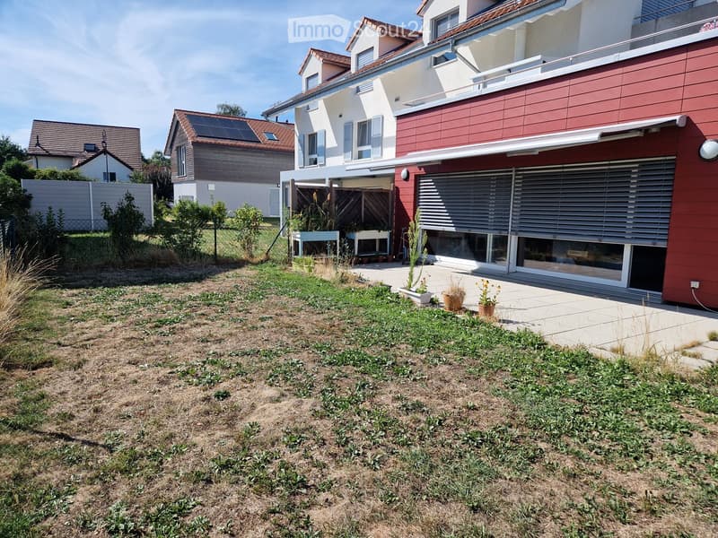 Garden area with a modern house in the background, featuring a paved patio, potted plants, and a wooden fence.
