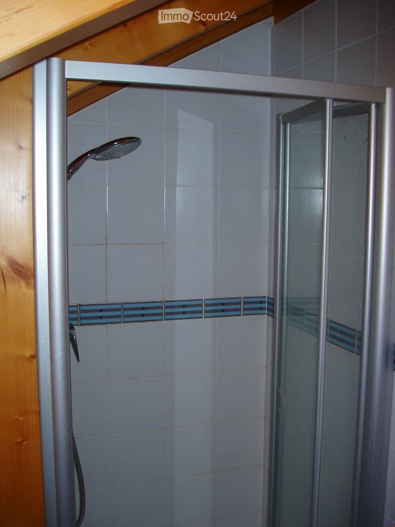 Shower area with tiled walls, a glass shower stall, and a handheld showerhead mounted on the wall.