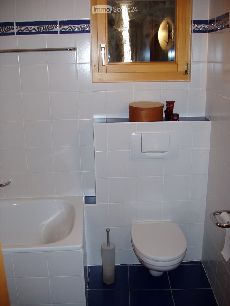 Bathroom with white tiled walls, a toilet, a bathtub, a mirror, a toilet paper holder, and a small wooden shelf with toiletries.